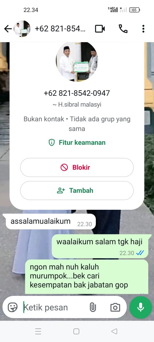 Waspada, Nama Bupati Pidie Jaya Dicatut untuk Penipuan via WhatsApp. Foto: Bukti screenshot